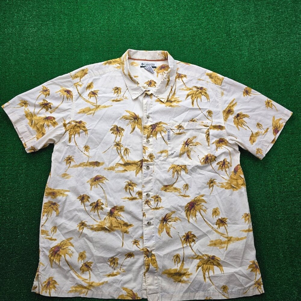 Columbia Hawaiian Shirt Mens 2XL White Yellow Floral Palm Trees Button Up AOP‎
